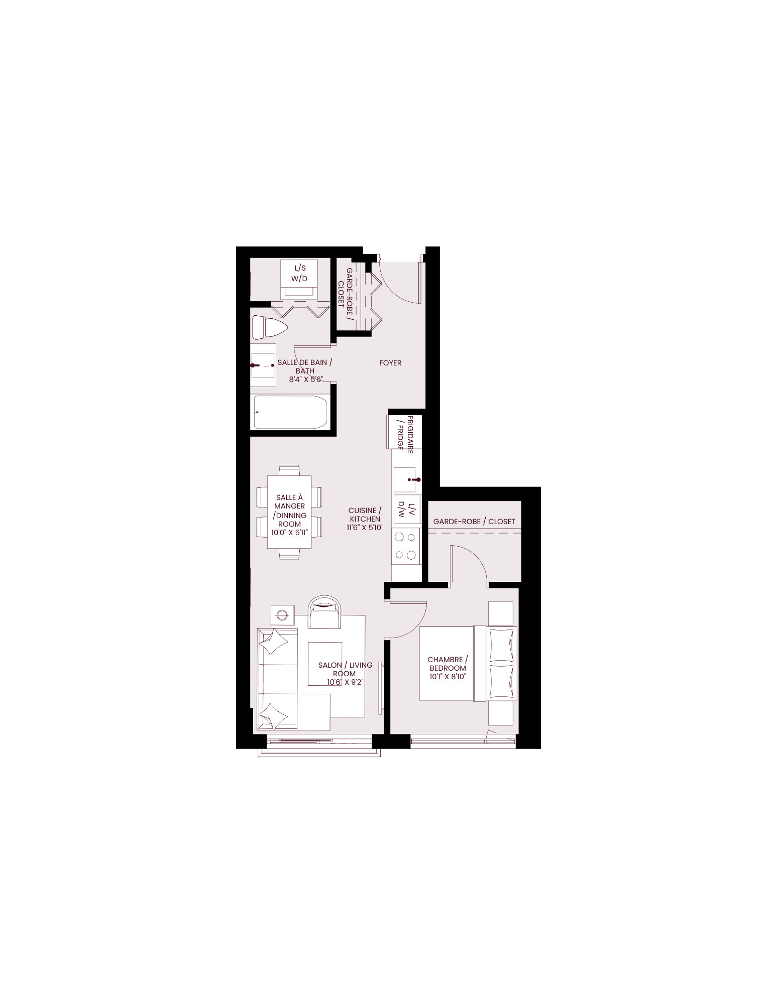 Floor plan for 1 bed, 1 bath, 561 sqft